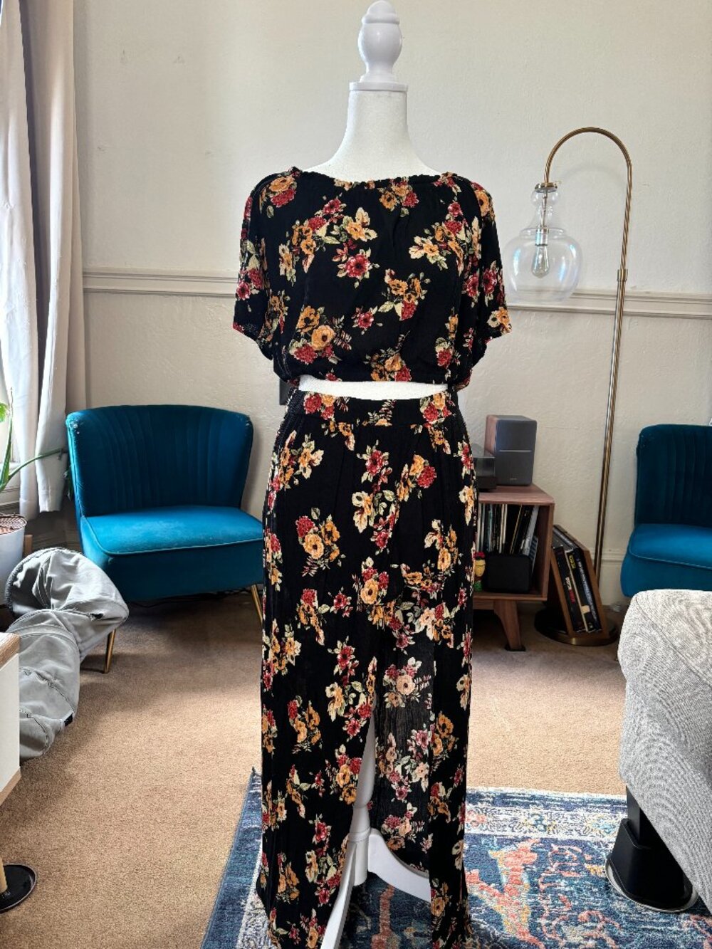 Black Floral Matching Crop Top and Maxi Skirt Set
